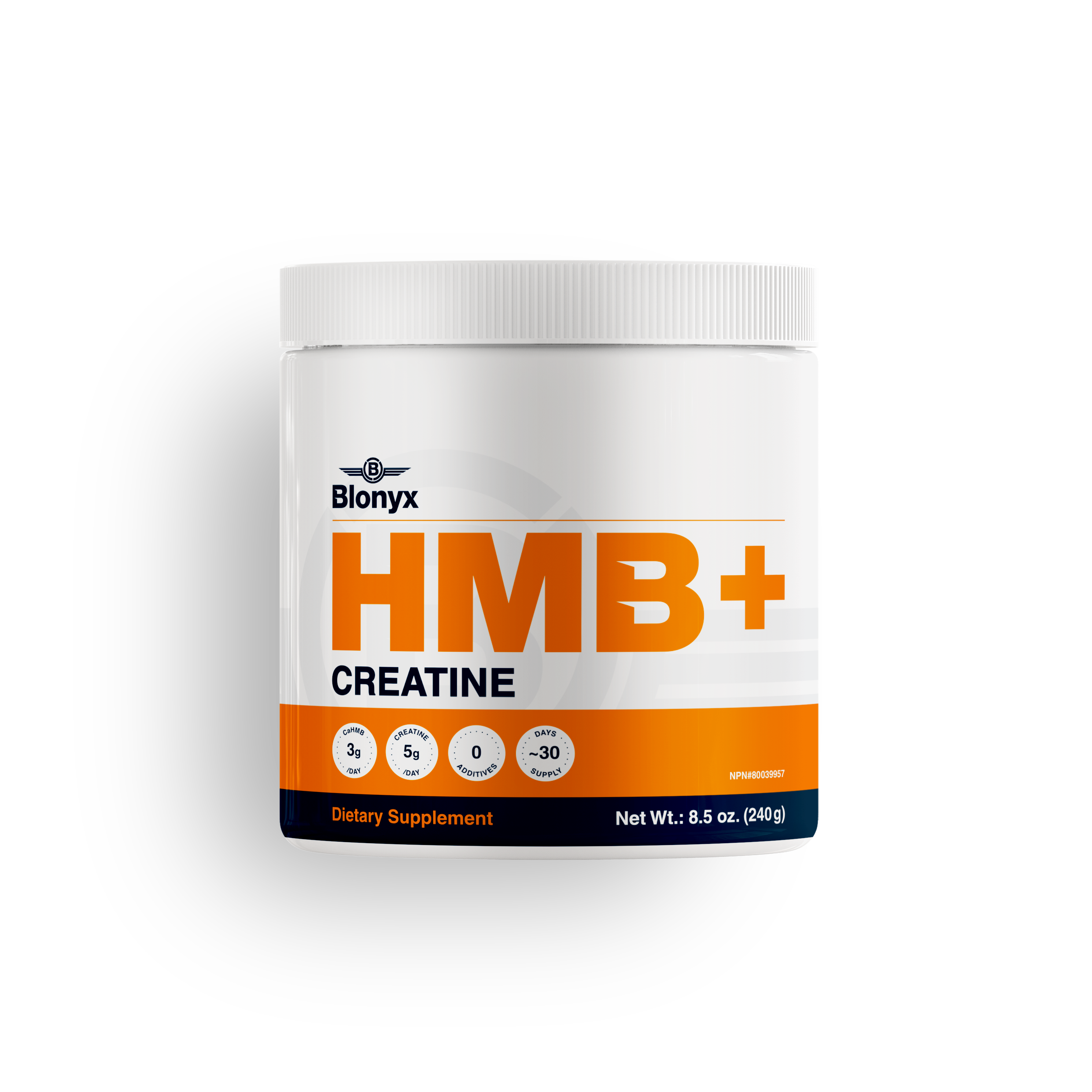 Front of Blonyx HMB+ Creatine container