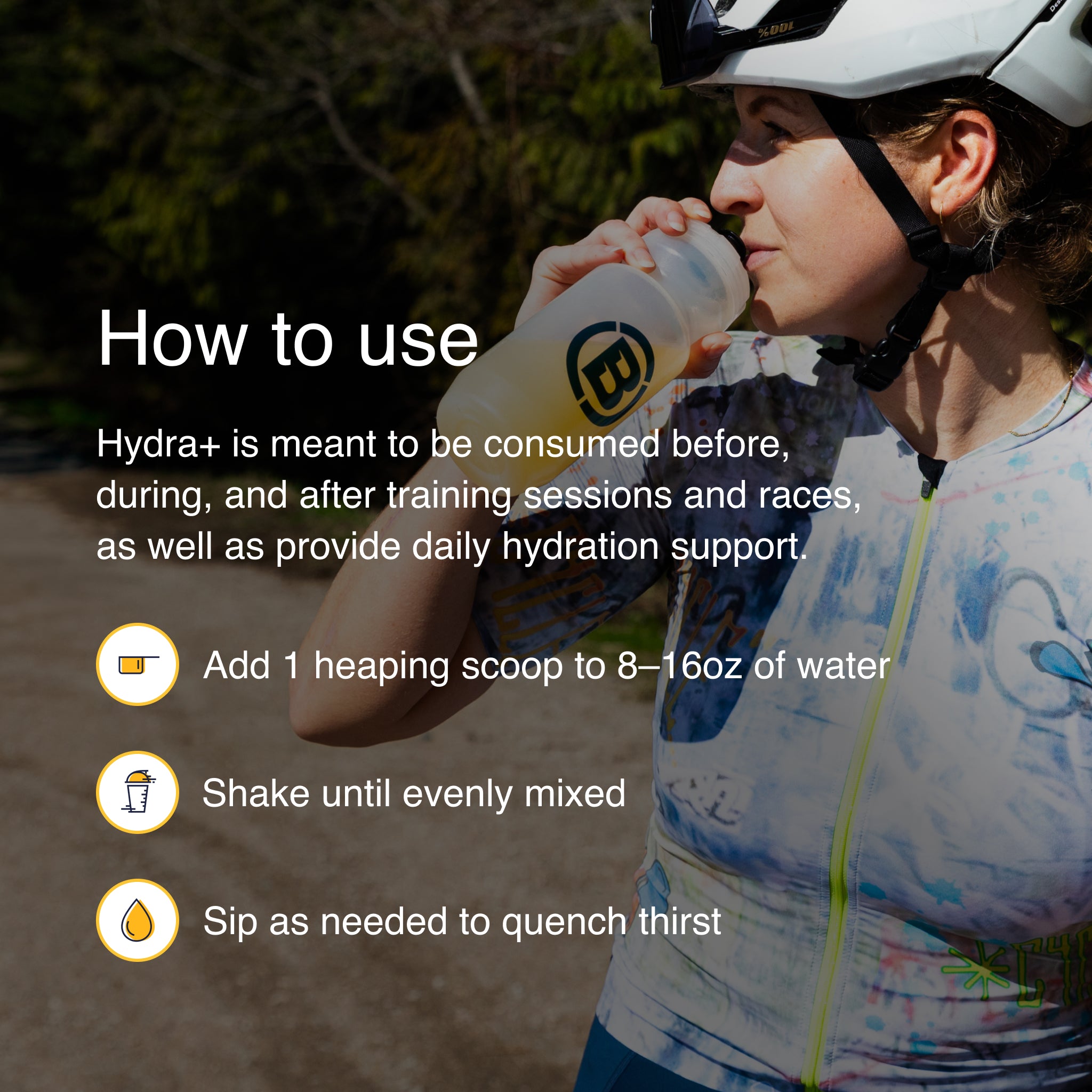 Person drinking from a bottle with text on Hydra+ usage