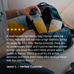 Person opening a bag with a Hydra+ supplement container and water bottle, with a five-star review text overlay.