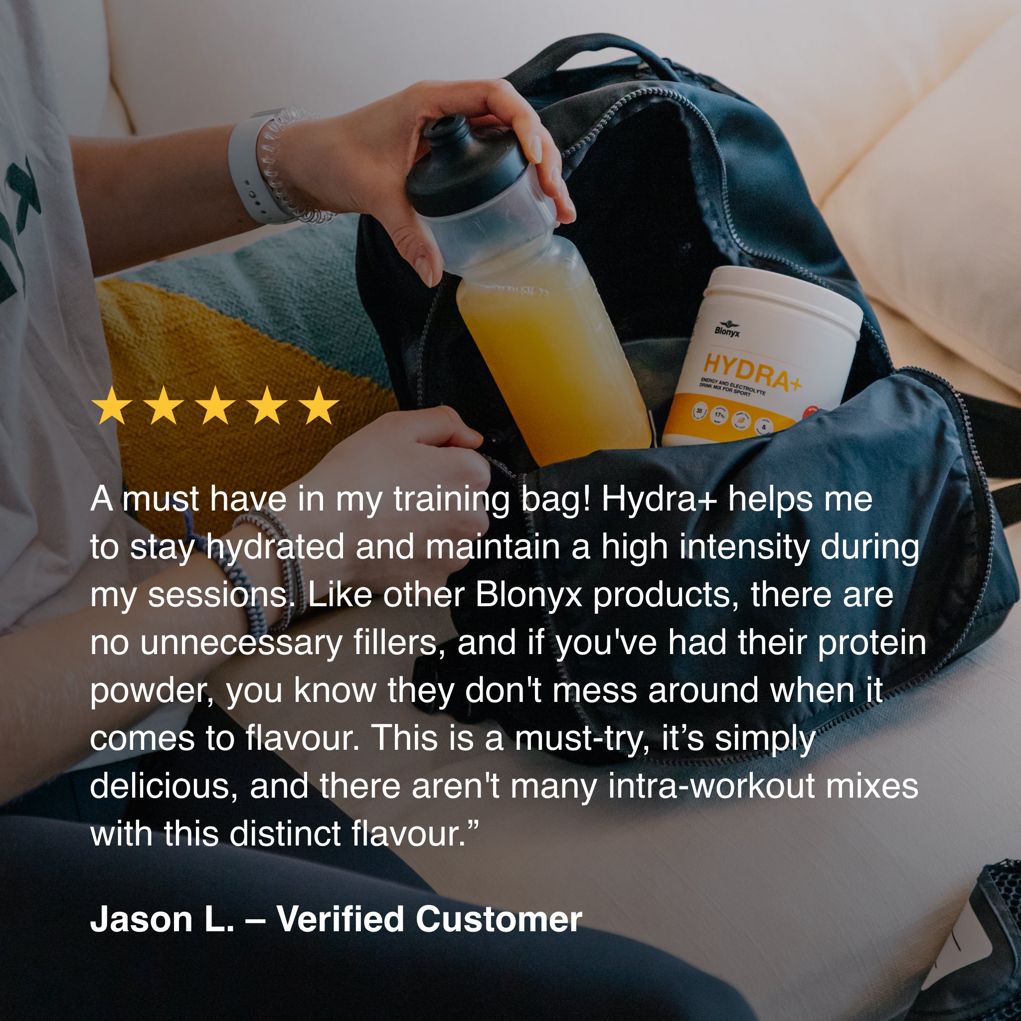 Person opening a bag with a Hydra+ supplement container and water bottle, with a five-star review text overlay.