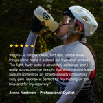 Cyclist drinking from a Hydra+ bottle with a five-star rating and review text.