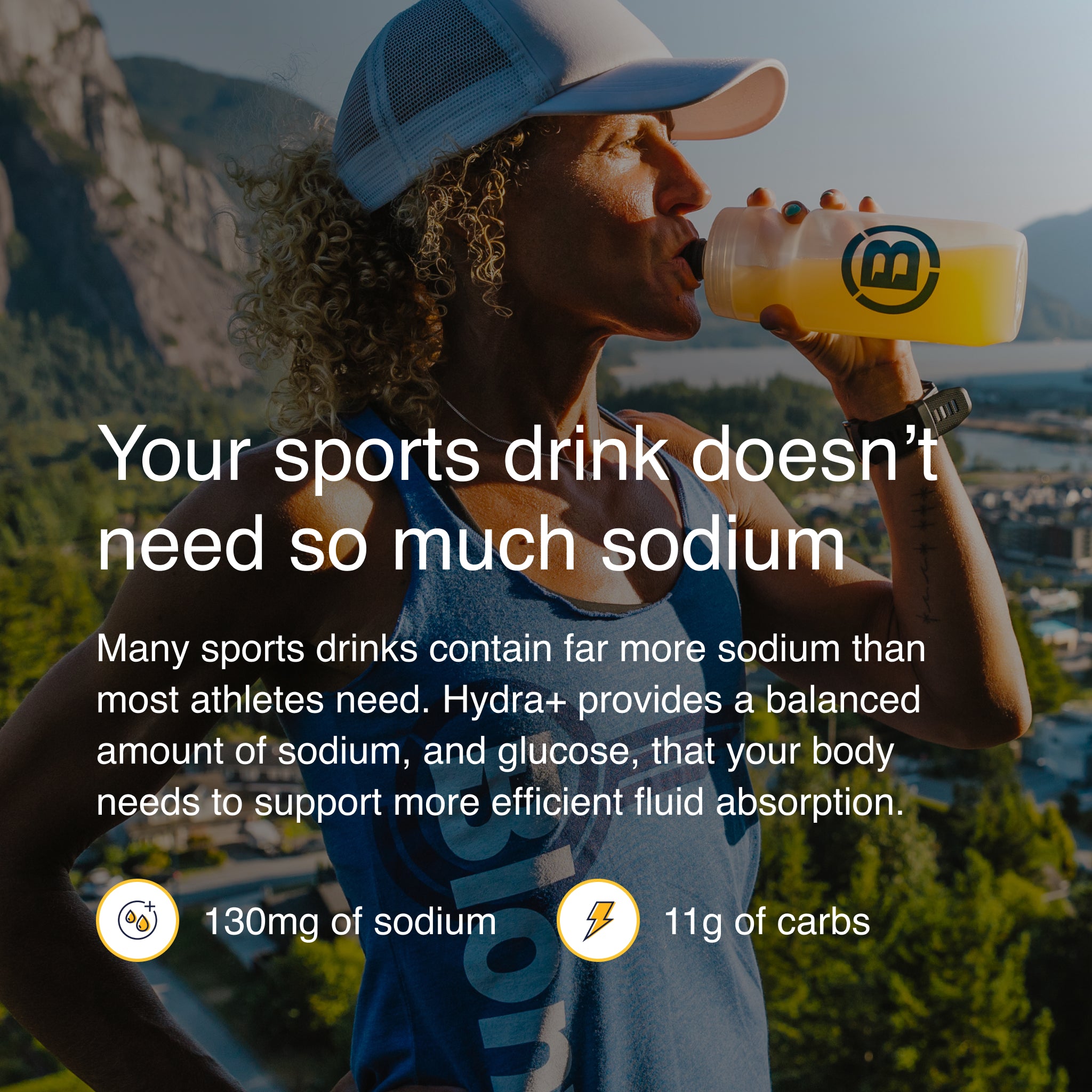 Person drinking a sports drink with text about sodium content and benefits