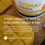 Blonyx Hydra+ mango passionfruit electrolyte drink with a light, refreshing fruit juice taste designed for daily hydration and endurance training.