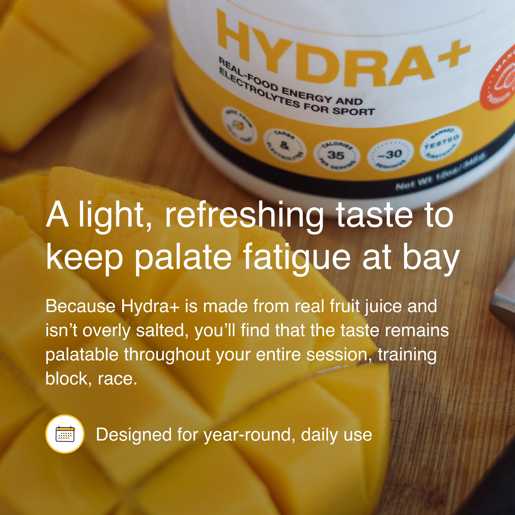 Blonyx Hydra+ mango passionfruit electrolyte drink with a light, refreshing fruit juice taste designed for daily hydration and endurance training.